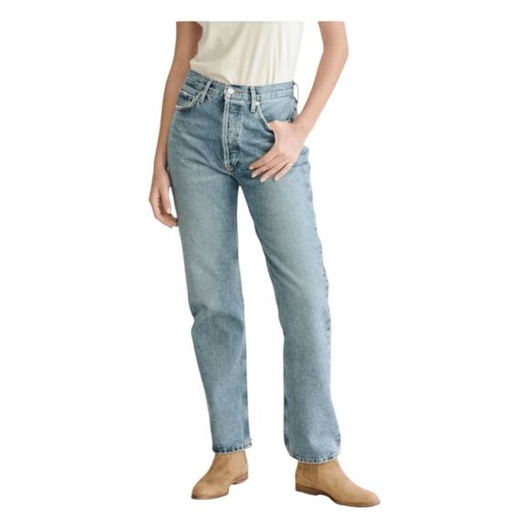 Agolde 90's Pinch Waist Jeans High Rise Straight Leg Blue Medium Wash Denim 24 - Picture 4 of 9